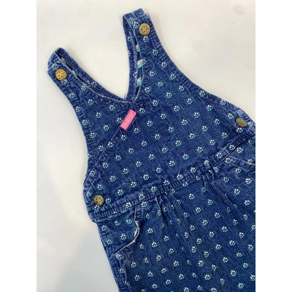 OshKosh B'Gosh Denim Overall Dress Blue Floral Size 4T VTG Made in USA